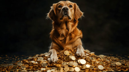 A golden retriever sits proudly among abundant piles of shiny coins, capturing a moment of joy and charm in a whimsical, wealth-themed scene.の素材