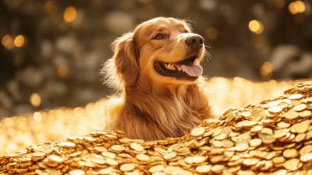 A cheerful golden retriever sits among piles of golden coins, radiating happiness. The sparkling light creates a joyful and vibrant atmosphere.の素材