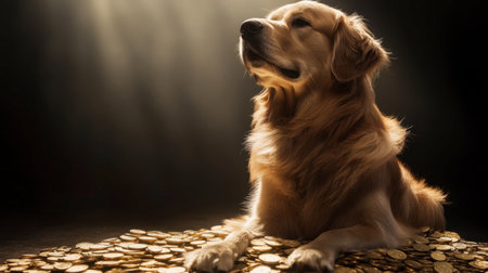 A golden retriever sits gracefully on a pile of coins, exuding an aura of tranquility and wealth under soft, dramatic lighting, embodying joy and companionship.の素材