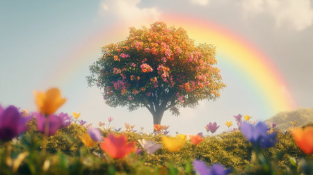 A stunning scene featuring a vibrant tree blooming with colorful flowers, set against a backdrop of a rainbow and a lush meadow. Perfect for nature lovers.の素材