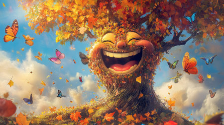A joyful tree with a big smile surrounded by vibrant autumn leaves and colorful butterflies, creating a whimsical and cheerful atmosphere in nature.の素材