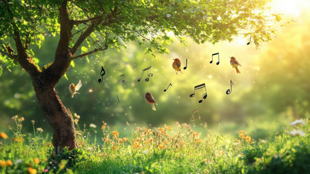 A beautiful landscape featuring birds fluttering amidst musical notes, creating a serene and harmonious atmosphere in a sunlit meadow.の素材