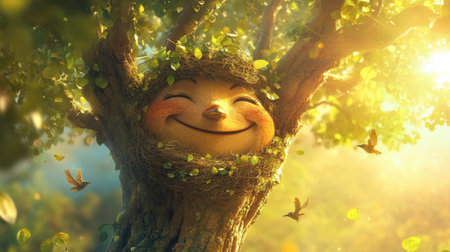 A whimsical tree character beams with joy, surrounded by lush greenery and cheerful birds. This enchanting scene captures the magic of nature and happiness.の素材