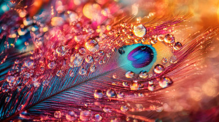 Explore the intricate beauty of a peacock feather adorned with shimmering water droplets, creating a vibrant and colorful display perfect for nature lovers and artists.の素材