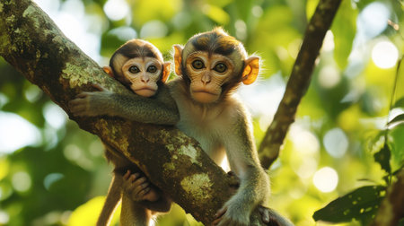 Two playful monkeys sit on a tree branch, surrounded by lush greenery. They display curiosity and innocence, embodying the beauty of wildlife.の素材