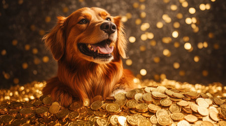 A cheerful dog enjoying its moment of happiness amidst a pile of golden coins, radiating joy and playfulness in a vibrant setting. Perfect for themes of wealth and joy.の素材
