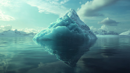 A stunning iceberg rises majestically from calm ocean waters, reflecting the tranquil sky. This serene landscape captures the beauty of nature and polar exploration.の素材