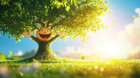 A cheerful tree with a smiling face stands in a vibrant landscape, surrounded by bright sunlight and lush greenery, evoking feelings of joy and positivity.の素材