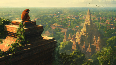 A solitary monkey perches on a mossy stone atop an ancient temple, gazing at the vast, lush landscape filled with ruins, trees, and a serene horizon.の素材