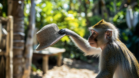 A playful monkey lifts a straw hat in a lush, tropical setting. This charming moment captures the curious nature of wildlife in its natural habitat.の素材