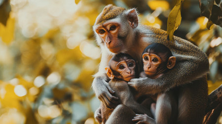 A mother monkey lovingly cradles her two babies in a vibrant, natural environment, showcasing the bond and affection within their family.の素材