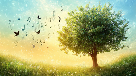 A vibrant tree stands in a lush green landscape, accompanied by floating music notes and birds, symbolizing harmony and joy in nature.の素材