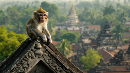 A monkey perches on a temple roof amidst a lush green landscape. The scene captures the beauty of wildlife blending with ancient architecture in a tranquil setting.の素材