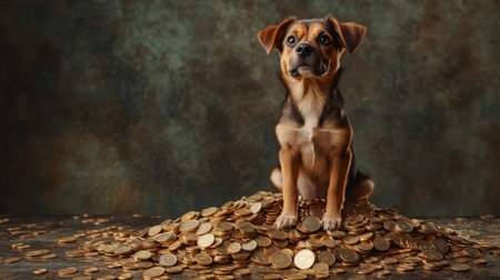 A charming dog sits atop a pile of shiny coins, creating a playful representation of wealth and prosperity, set against a rich, textured background.の素材