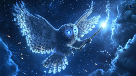 A captivating illustration of an enchanted owl soaring through a starry night sky. The glowing creature embodies magic and mystery, creating a dreamlike atmosphere.の素材