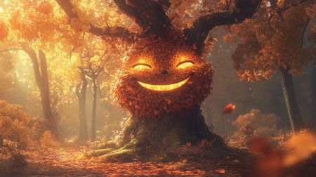 A whimsical tree with a smiling face crafted from colorful autumn leaves. This enchanting scene captures the essence of nature's beauty in a serene forest.の素材