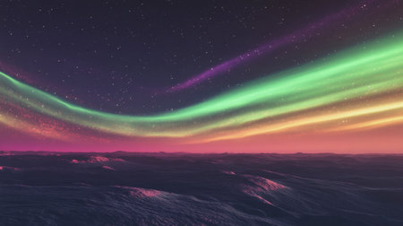 Captivating view of an aurora illuminating the night sky over a serene landscape. The vibrant colors dance across the horizon, creating a magical atmosphere.の素材