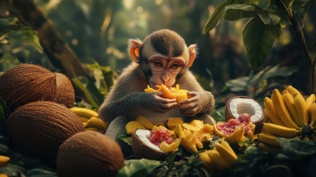A young monkey seated among tropical fruits, indulging in a feast of mangoes, bananas, and coconuts. The lush jungle environment adds to the vibrant, natural setting.の素材
