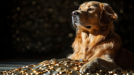 A golden retriever rests beside a pile of shiny coins, embodying themes of loyalty and wealth. Soft lighting creates a serene atmosphere, perfect for pet lovers.の素材