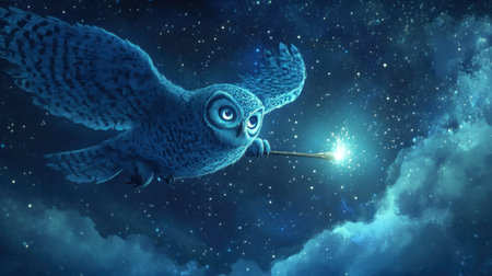 A captivating illustration of an enchanted owl soaring through a magical night sky filled with stars, casting a spell of wonder and beauty.の素材
