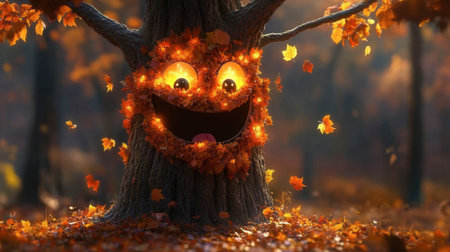 A whimsical tree with a joyful face surrounded by colorful autumn leaves. This enchanting scene captures the essence of nature's beauty and fun.の素材