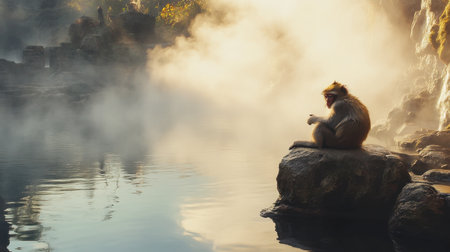 A monkey relaxes on a rock near a hot spring, surrounded by mist and serene water. This peaceful wildlife scene captures a moment of tranquility in nature.の素材
