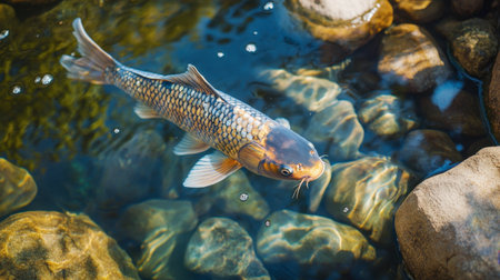 A vibrant koi fish swims gracefully in a tranquil pond, surrounded by clear water and smooth stones. The colorful scales and lively movements create a serene atmosphere.の素材