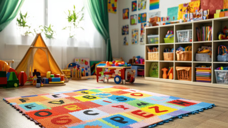 A vibrant playroom featuring an educational rug surrounded by toys and creative decor. Ideal for children's activities and learning through play in a safe environment.の素材