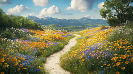 A scenic view of a winding path through a field of wildflowers, inviting viewers to explore the beauty of nature and the tranquility of the outdoors.の素材