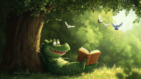 A cheerful crocodile lies under a tree, engrossed in a book, surrounded by birds and vibrant greenery, evoking a sense of peaceful reading in nature.の素材