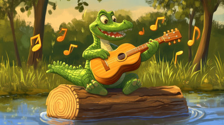 A joyful alligator strumming a guitar on a log by the water, surrounded by musical notes and lush greenery, evoking a playful and cheerful atmosphere.の素材
