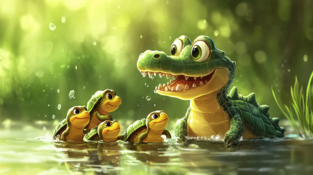 A cheerful alligator enjoys a playful moment with baby turtles in a vibrant green pond. This delightful scene captures the essence of wildlife friendship in a whimsical setting.の素材