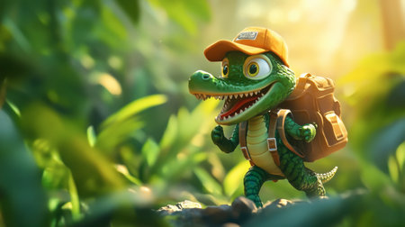 A lively cartoon crocodile character explores a vibrant jungle with a backpack, capturing the essence of adventure and joy in a colorful environment.の素材
