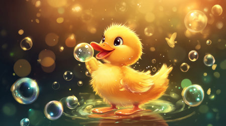 A charming yellow duckling playing joyfully in water surrounded by bubbles, capturing a whimsical moment of innocence and happiness in nature.の素材