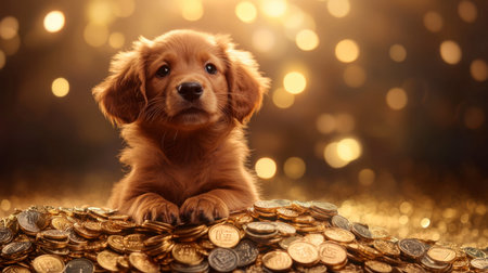 A charming puppy rests on a pile of golden coins, surrounded by a warm, sparkling light. This adorable scene captures joy and innocence, perfect for pet and wealth-themed projects.の素材