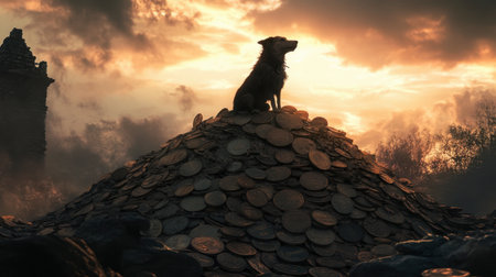 A silhouette of a dog sitting atop a mound of coins at sunset, capturing a sense of adventure and treasure in a dramatic landscape filled with mystery.の素材
