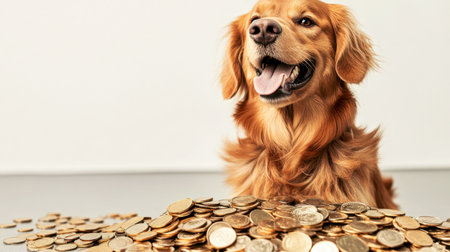 A cheerful golden retriever sits happily among a pile of coins, symbolizing prosperity and joy. The playful pet showcases a lively spirit indoors.の素材