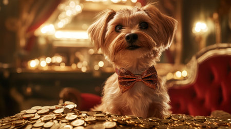 A charming dog wearing a colorful bowtie poses proudly amidst a pile of golden coins, creating a luxurious and playful atmosphere ideal for pet-themed projects.の素材