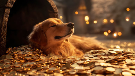 A serene golden retriever rests comfortably among shiny coins in a warm, cozy setting. The peaceful atmosphere creates a charming and luxurious vibe.の素材