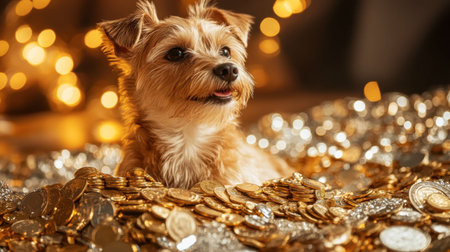 A charming dog sits amidst sparkling coins and soft lights, exuding joy and warmth. This enchanting scene captures the essence of playful luxury and companionship.の素材