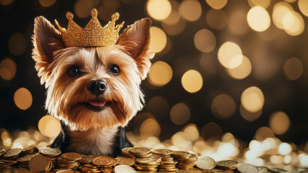 This charming portrait features a dog wearing a crown surrounded by shiny coins, set against a sparkling bokeh background, radiating joy and whimsy.の素材