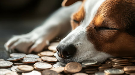 A peaceful dog rests on a pile of coins, showcasing tranquility amidst financial symbols. This heartwarming scene captures the bond between pets and comfort.の素材