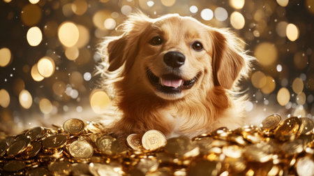 A joyful dog smiles amidst a pile of shiny coins, creating a playful and festive atmosphere. Perfect for themes of happiness, wealth, and companionship.の素材