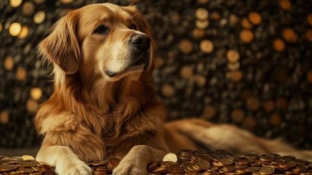 A golden retriever rests gracefully among scattered coins, symbolizing wealth and luck. This charming scene captures the essence of companionship and comfort.の素材