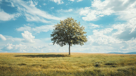 A solitary tree stands in a lush green field under a clear blue sky filled with white fluffy clouds, embodying tranquility and natural beauty.の素材