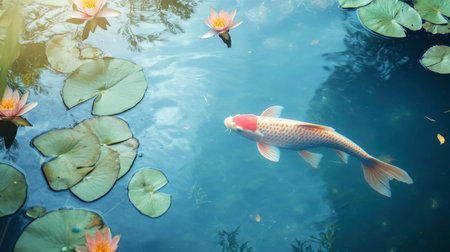 A beautiful koi fish gracefully swims in a serene pond surrounded by blooming water lilies. This tranquil aquatic scene captures nature's peaceful essence.の素材