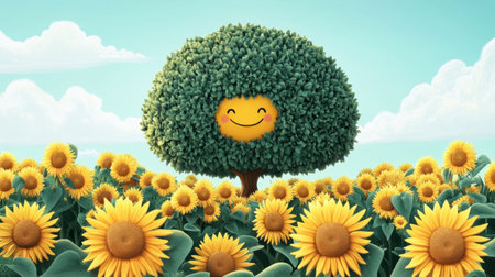 A whimsical scene featuring a smiling tree amidst bright sunflowers under a clear blue sky, perfect for conveying joy, nature, and happiness.の素材