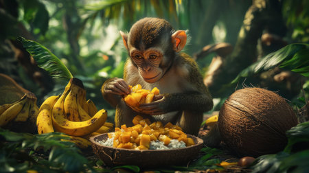 A cute monkey sits in a lush tropical forest, savoring a bowl of mangoes surrounded by bananas and coconuts, showcasing the beauty of wildlife.の素材