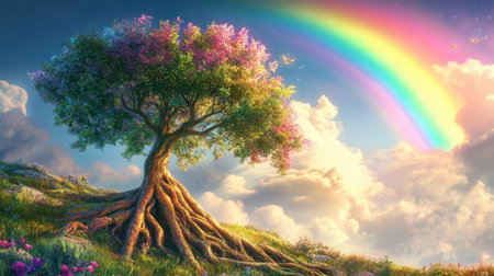 A majestic tree with blooming flowers stands under a stunning rainbow against a vibrant sky, symbolizing peace, growth, and natural beauty.の素材