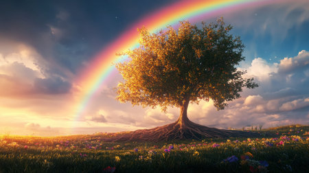 A stunning tree stands proudly beneath a vibrant rainbow, surrounded by a colorful field of flowers. This tranquil landscape captures the beauty of nature at its finest.の素材